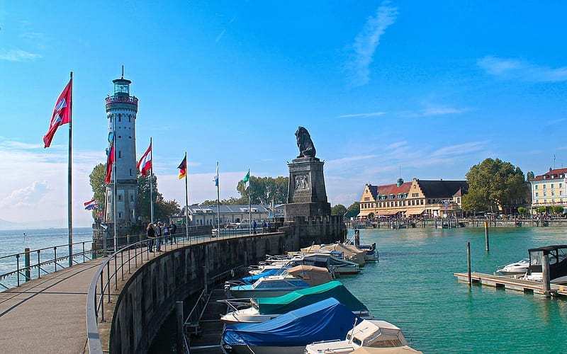 Lake Constance, Germany, boats, pier, Germany, lake, lighthouse, HD wallpaper