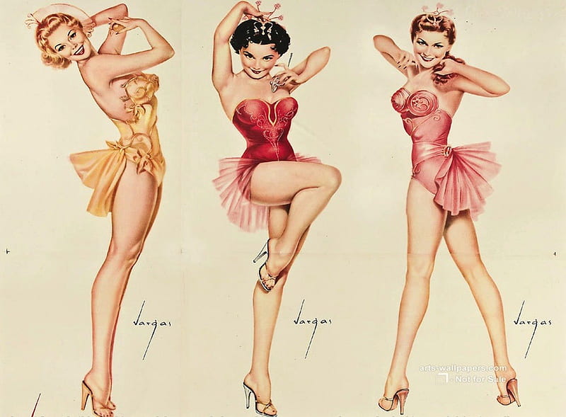 Three Beauties, red, dress, three, art deco, sexy, retro, gold, girls, pink, HD wallpaper