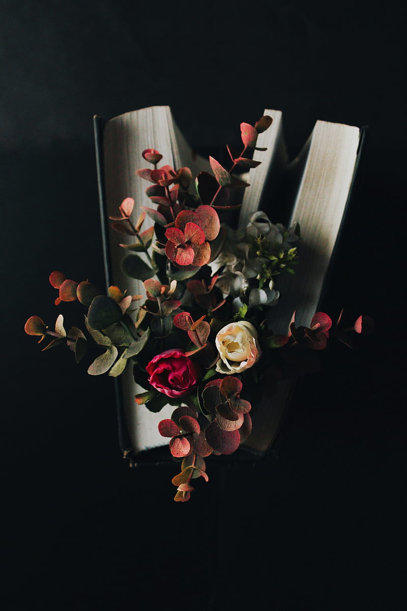 flowers, eucalyptus, bouquet, book, dark, HD phone wallpaper
