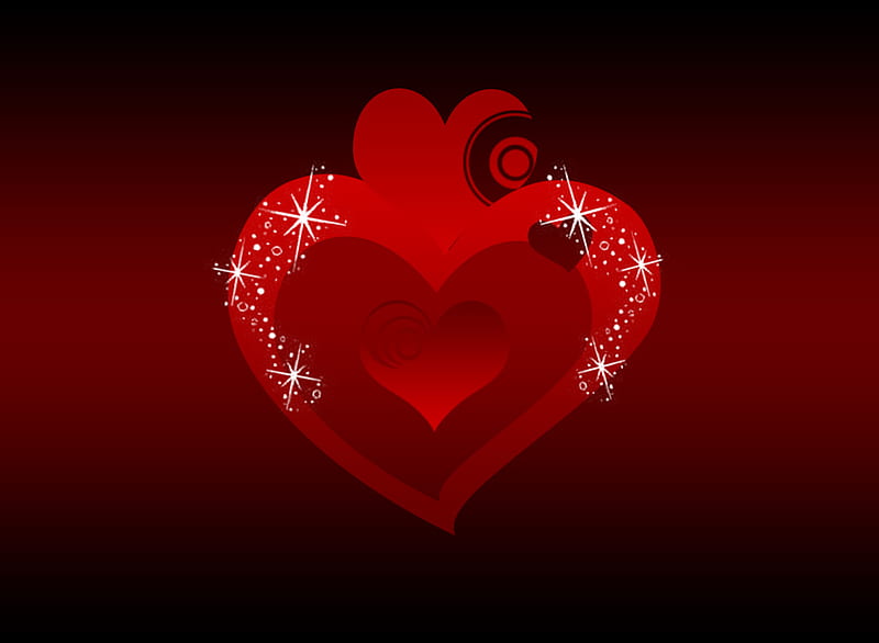 Glowing Red Hearts, red, glow black, white, corazones, sparkles, HD wallpaper