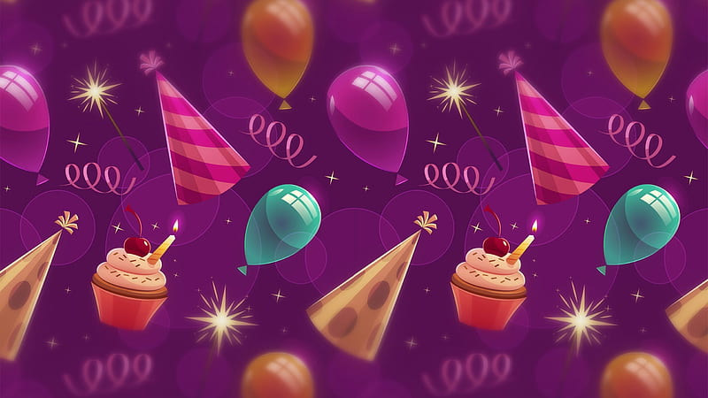 Texture, cupcake, pattern, balloon, party, paper, pink, hat, HD wallpaper