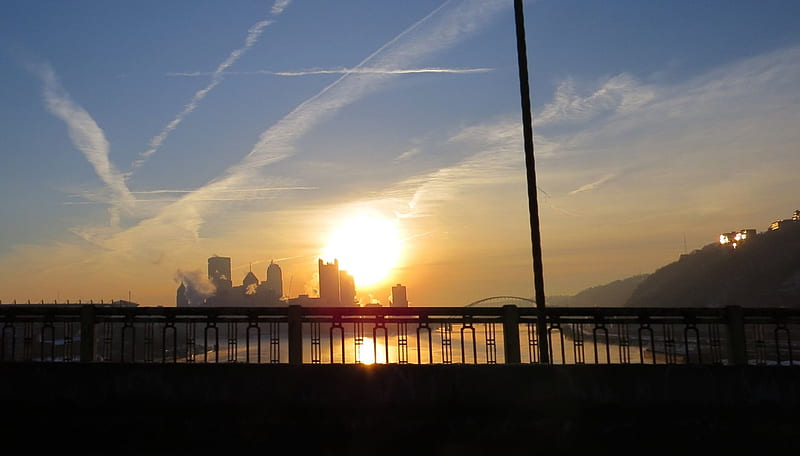 Sunset Over The Three Rivers, city, sun, Pittsburgh, nature, river, sunrise, sunset, sky, HD wallpaper