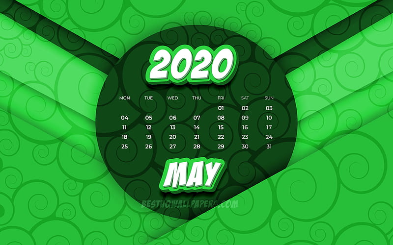 May 2020 Calendar comic 3D art, 2020 calendar, spring calendars, May 2020, creative, floral patterns, May 2020 calendar with ornaments, Calendar May 2020, green background, 2020 calendars, HD wallpaper
