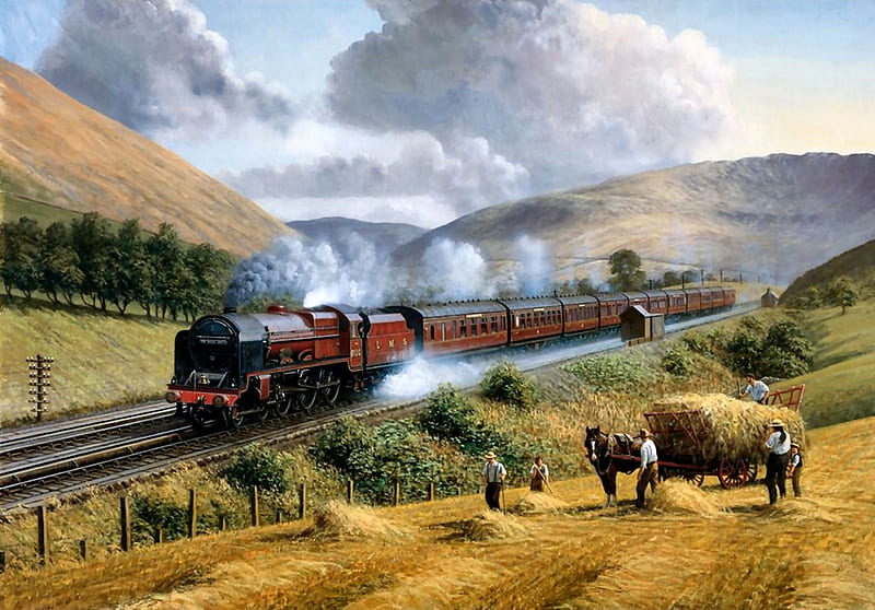 LMS Royal Scot Tebay Troughs 1935 F1, railroad, art, locomotive, bonito, illustration, artwork, train, engine, painting, wide screen, tracks, HD wallpaper