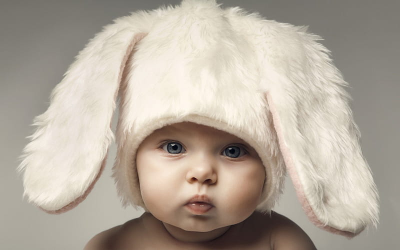 Baby, rabbit, ears, easter, hat, cute, child, funny, white, pink, HD wallpaper