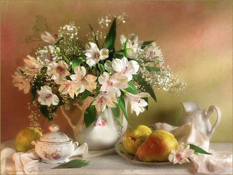 Still life, artist, art, vase, sugar bowl, fruit, pears, graphy, flowers, plate, beauty, nature, white, natural, porcelain, HD wallpaper