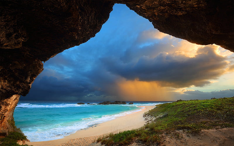 Storm Clouds Over a Beach, beach, nature, sea cave, clouds, HD ...