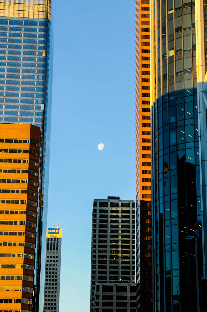 buildings, skyscrapers, moon, city, architecture, HD phone wallpaper
