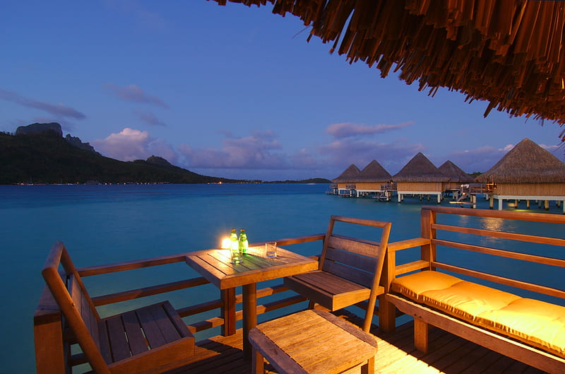 Table for Two - Evening Bora Bora, meal, polynesia, dinner, sun, bungalow, dusk, sunset, twilight, eat, sea, lagoon, bora bora, evening, night, exotic, islands, view, ocean, set, table for two, water, paradise, restaurant, island, tahiti, tropical, HD wallpaper