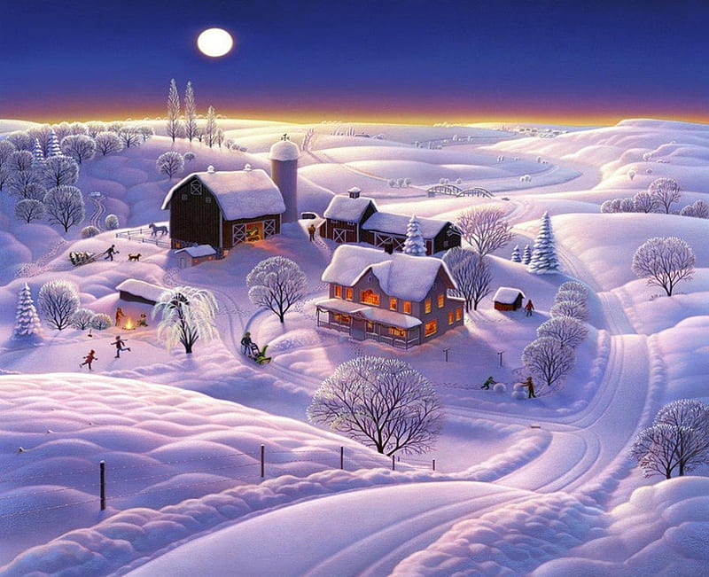 Beautiful winter landscape, colorful, view, bonito, magic, winter, farm, farmhouse, splendor, snow, peaceful, color, nature, street, landscape, blue, HD wallpaper