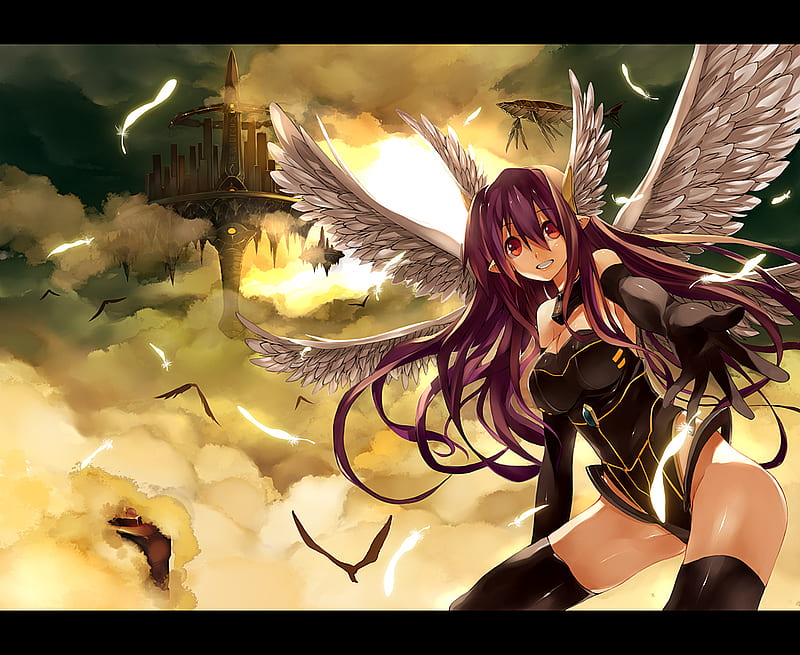 come too my world!?!!, world, pretty, castel, sunlight, birds, bonito, clouds, reaching out, wingd, girl, anime, feathers, HD wallpaper