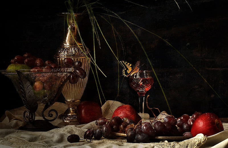 still life, pretty, bonito, old, grapes, fruit, graphy, nice, butterfly, drink, harmony, lovely, apples, wine, elegantly, glass, red wine, cool, HD wallpaper