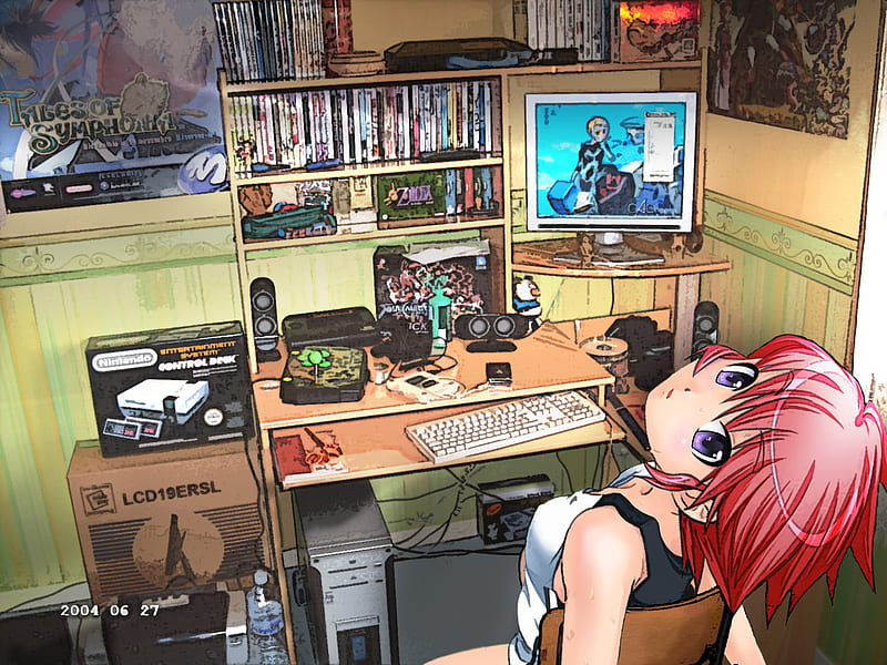 Hello World, cute, female, girl, anime, computer, anime girl, room, HD wallpaper