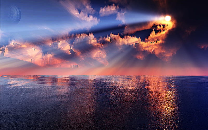 Nature's canvas, sky, clouds, gold, water, sun rays, reflections, pink, light, blue, HD wallpaper