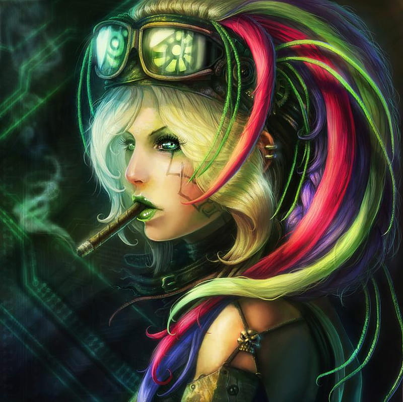 Cyber Punk, pretty, female, eye, cigarette, lips, fantasy, girl, beauty, face, smoke, style, HD wallpaper
