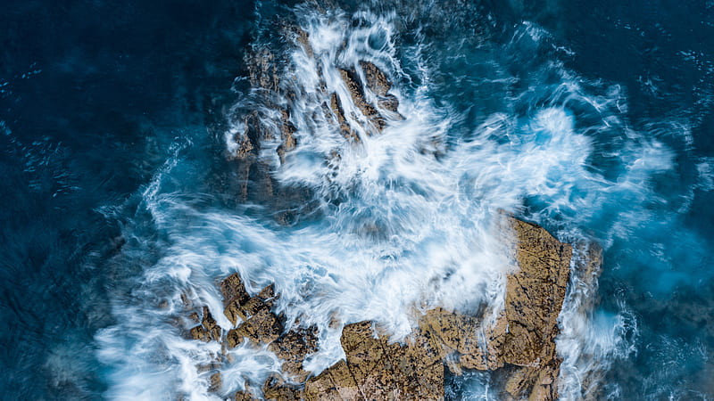 rocks, waves, aerial view, sea, water, HD wallpaper