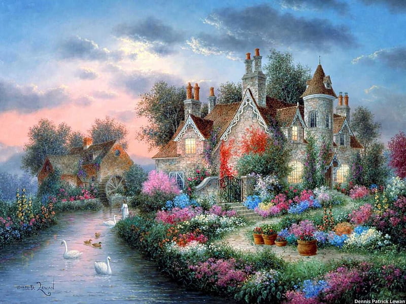 River Manor, house, watermill, painting, flowers, garden, trees, swans, artwork, HD wallpaper
