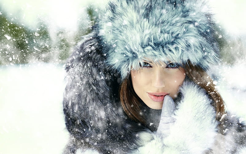 Beauty, glove, girl, model, snow, woman, fur, winter, hat, HD wallpaper