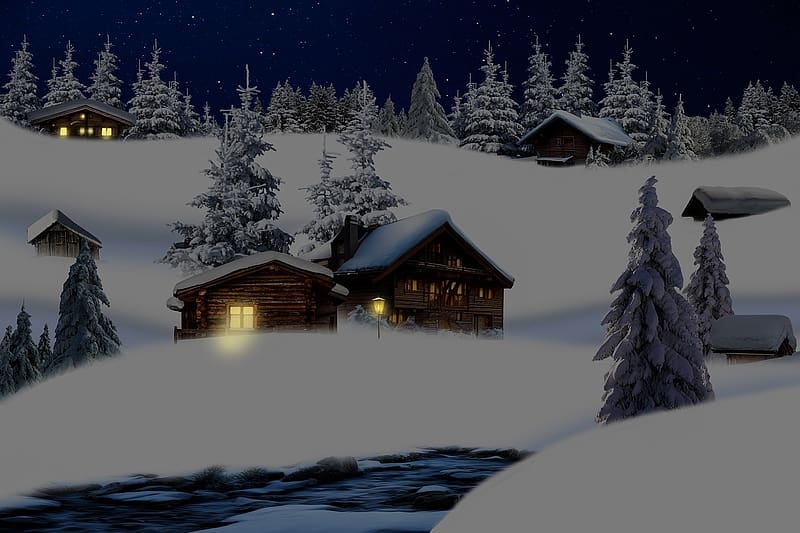 Huts in the snow, hegyek, teli, ejszaka, kunyho, havas, fenyok, ho, epulet, HD wallpaper