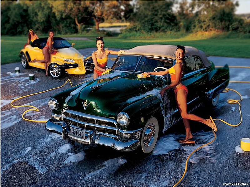 Girls Washing, carros, female, model, wash, car, girls, HD wallpaper