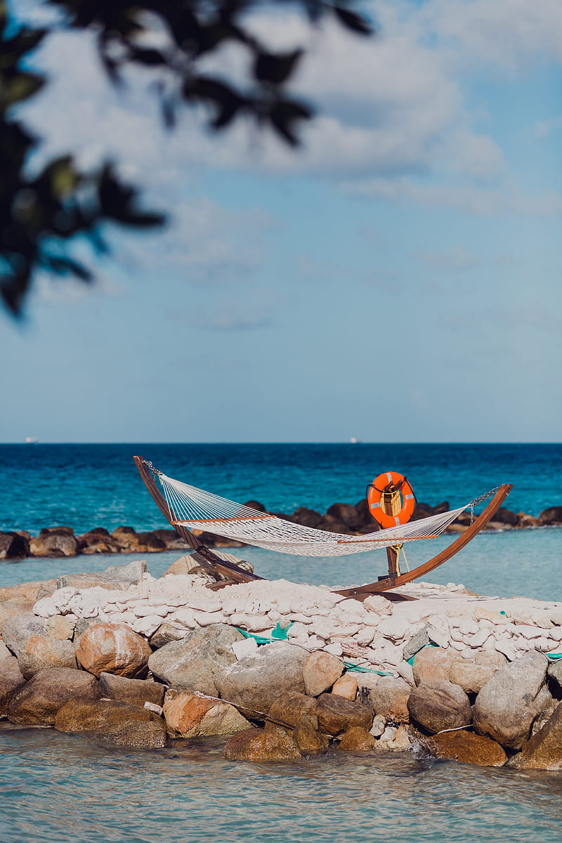 sea, beach, hammock, stones, summer, holiday, HD phone wallpaper