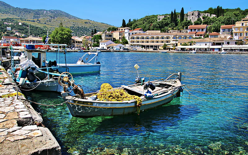 Mediterranean Sea, coast, bay, boats, Greek city, mountain landscape, Greece, HD wallpaper