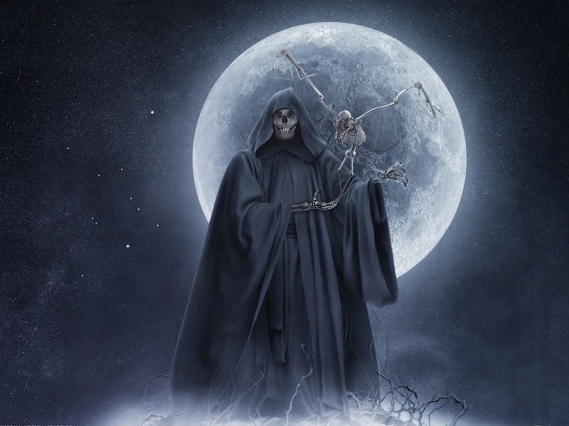 REAPER WITH HIS PET, grim reaper, skeleton, fantasy, reaper, dark, scary, horror, bones, HD wallpaper