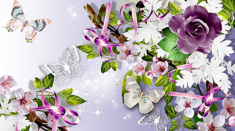 Lots of Flowers and Butterflies, flowers, shine, lavender, ribbons, bows, foliage, sparkle, leaves, butterfly, papillon, flowers, stars, sakura, lilace, sprinkes, butterflies, spring, roses, buds, purple, summer, HD wallpaper