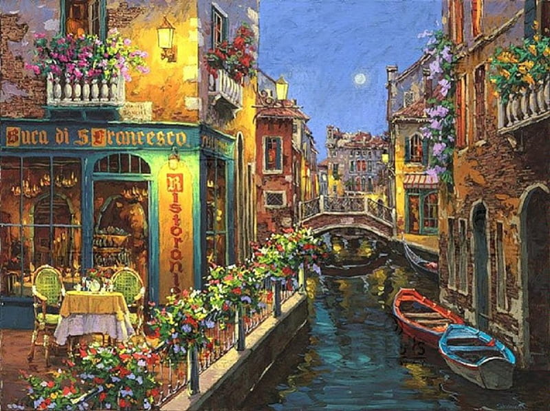 Italy for Two, Venice, table, cafe, canal, Italy, painting, HD wallpaper