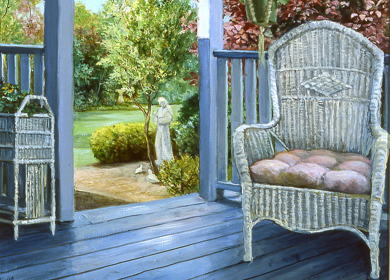 Feels Like Home To Me, painting, back porch, garden, wicker chairs, HD wallpaper