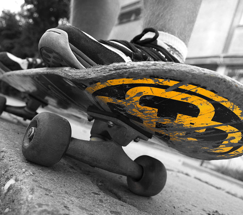 Skate, grind, orange, pavement, shoes, skateboard, HD wallpaper