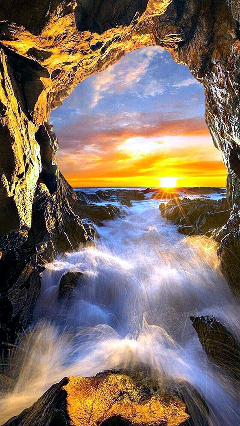 Sun Sea and sky, cave, rocks, view, water, HD phone wallpaper