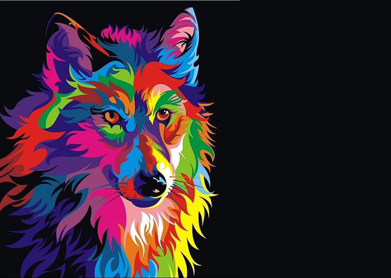 Wolf, black, lup, colorful, fantasy, HD wallpaper