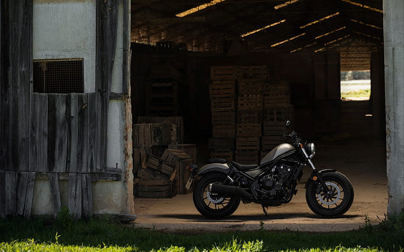 Honda Rebel 500, 2018, black matte motorcycle, side view, cruiser, Japanese motorcycles, hangar, Honda, HD wallpaper