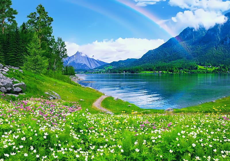 Rainbow over mountain lake, shore, grass, greenery, bonito, rainbow, sky, lake, mountain, wildflowers, river, reflection, HD wallpaper