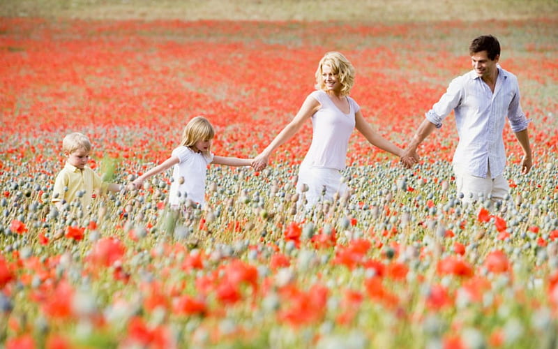 Happy family, family, children, flowers, fields, man, woman, HD wallpaper