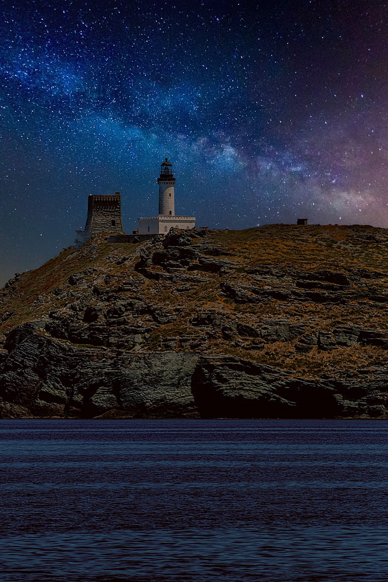 lighthouse, rock, sea, night, milky way, HD phone wallpaper