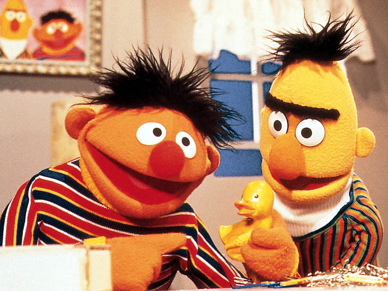 Bert and Ernie Sesame Street, buddies, family show, family room, rubber ducky, tv, HD wallpaper