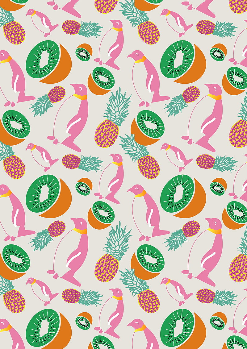 penguins, pineapples, kiwi, pattern, art, HD phone wallpaper