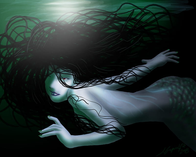 Mermaid, underwater, darkhair, mythical sea creature, scales, longhair, HD wallpaper