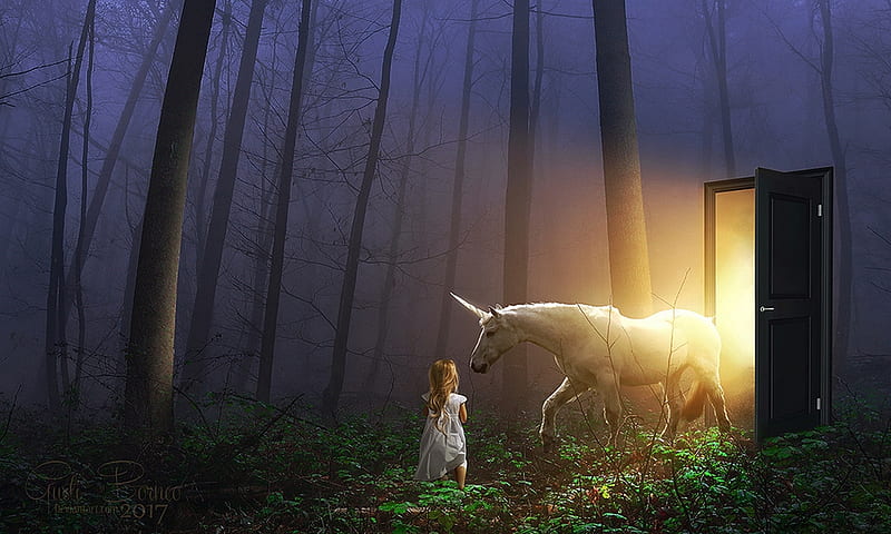 Meet The Unicorn, forest, dreamy, fantasy, Little girl, Portal, unicorn, magical, friends, sweet, HD wallpaper