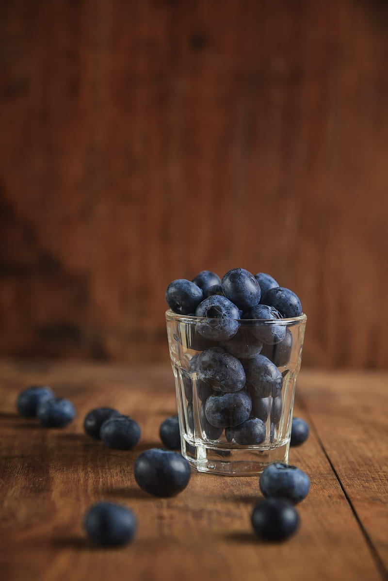 blueberry, berry, glass, wooden, surface, HD phone wallpaper