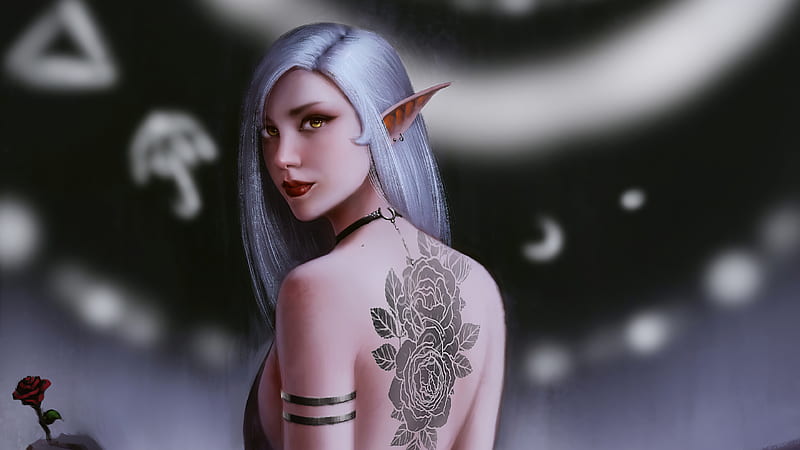 Fantasy, Elf, Girl, Lipstick, Pointed Ears, Tattoo, White Hair, Woman, HD wallpaper