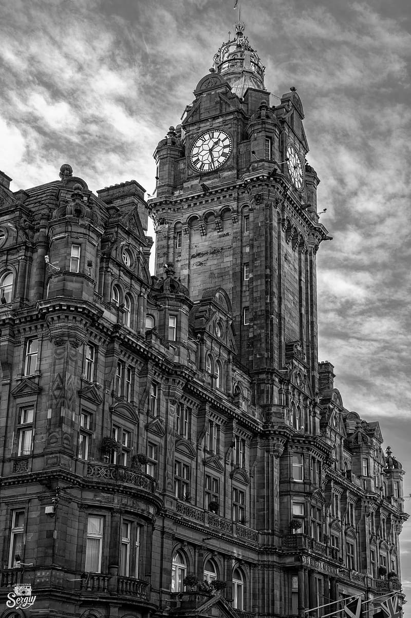 building, tower, clock, architecture, black and white, HD phone wallpaper