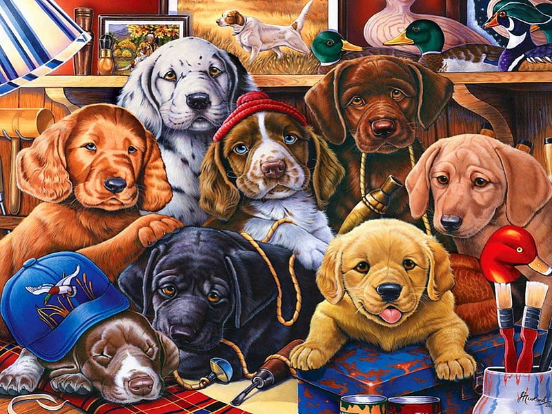 Grandpa's pups, colorful, house, adorable, sweet, puppies, painting, room, company, friends, team, animals, pups, art, look, cute, dogs, grandpa, HD wallpaper