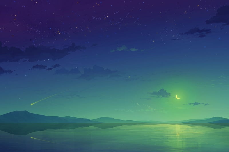 Night sky., moon, Night sky, mindsoothing, Green moon, Nature, HD wallpaper