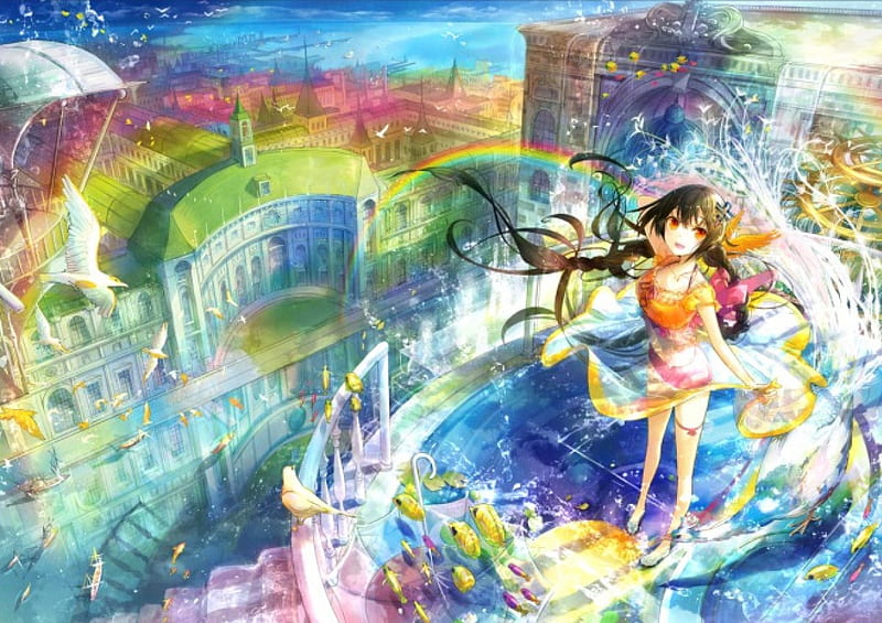 Rainbow City, pretty, house, fish, magic, sweet, nice, fantasy, multicolor, anime, beauty, anime girl, lovely, building, water, flying, colorful, float, colourful, own, home, rainbow, bonito, city, color, scenery, female, multicolour, fly, girl, bird, swim, magical, colour, scene, HD wallpaper