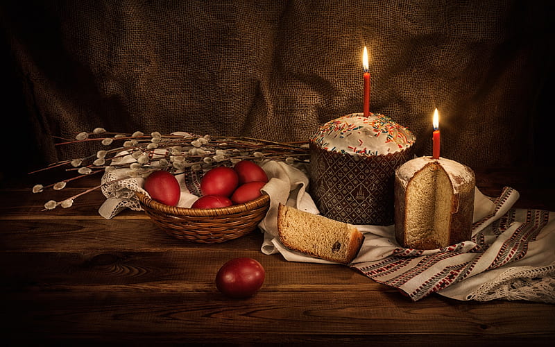 Happy Easter!, eggs, Easter, still life, candles, pussy-willow, HD wallpaper