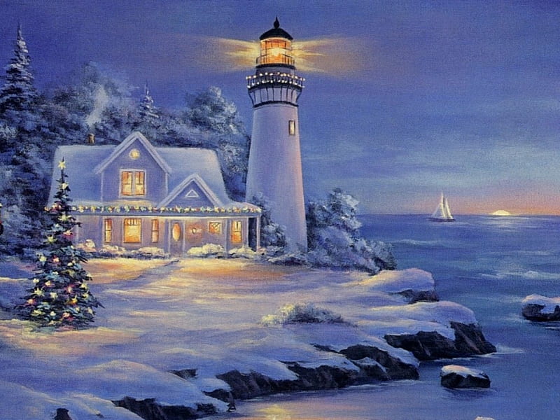 Xmas lighthouse, art, house, christmas, holiday, lighthouse, winter, tree, snow, painting, ice, HD wallpaper