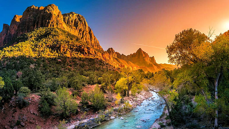 Zion National Park, colors, river, sunset, trees, fall, HD wallpaper